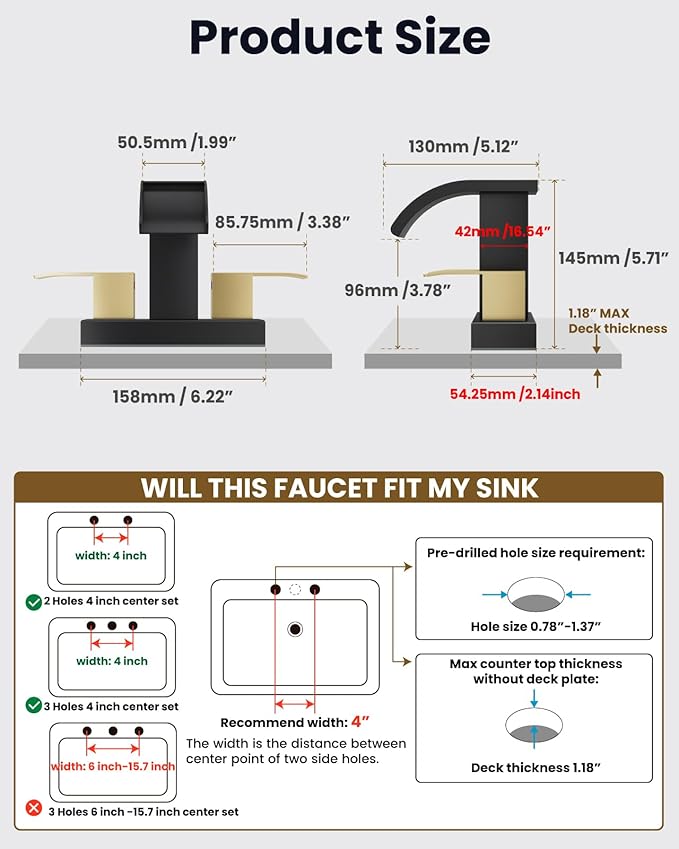 gotonovo Waterfall 4 Inch Centerset Bathroom Sink Faucet 2 Handle Basin Faucets 2 or 3 Hole Deck Mount with Pop Up Drain Included Lavatory Modern Mixer Tap Vanity Faucet Matte Black & Brushed Gold