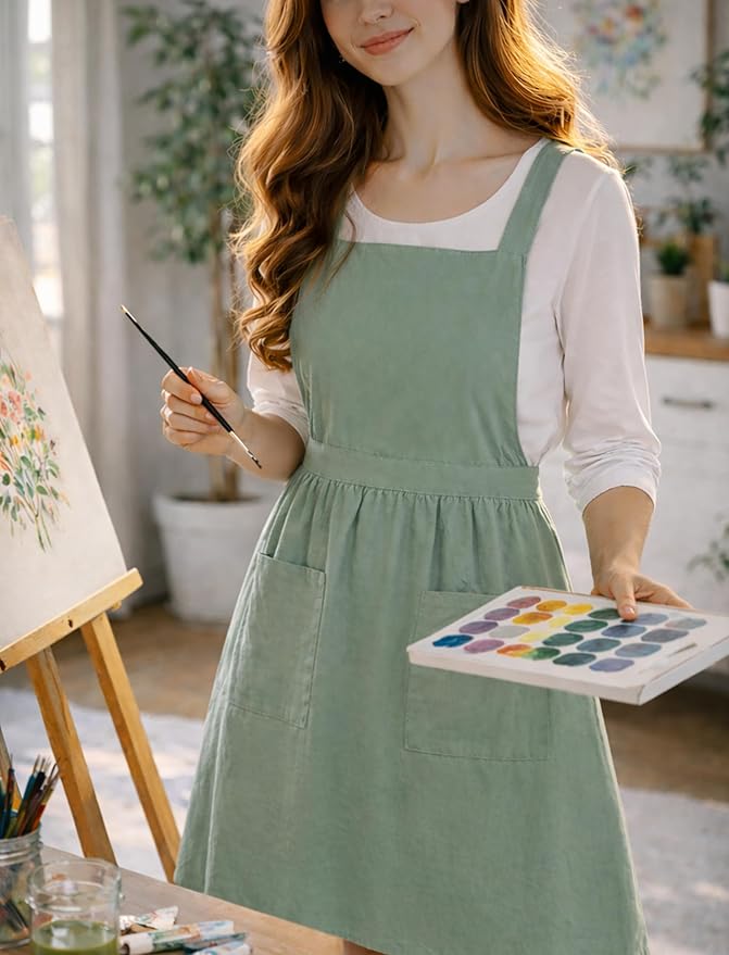 Pinknoke Cotton Linen Pinafore Apron Dress for Women with Pockets Cute Art Chef Aprons for Kitchen Baking Gardening Painting