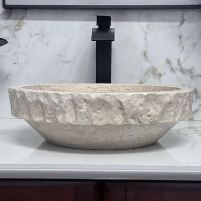 Shades of Nature Round Travertine Vessel Sink, Natural Stone Wash Basin, Hand-Carved Bathroom Sink, Chiseled Exterior, Polished Interior, Above Counter Vanity (Soap Tray Included)