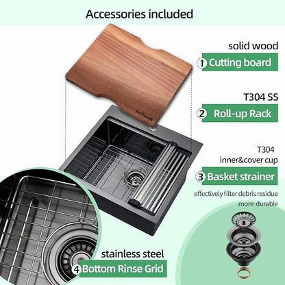 Kitchen Sink, 21 x 20 x 10 Drop in Kitchen Sink 16 Gauge Gunmetal Black Stainless Steel Workstation Sink Topmount Single Bowl with Cutting Board