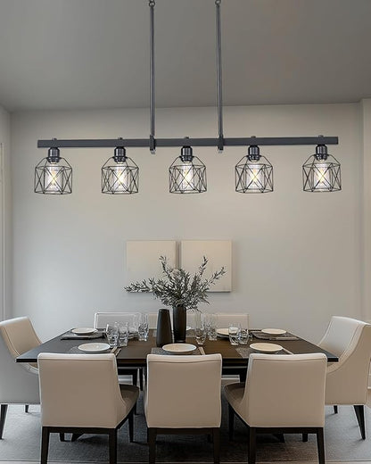 5-Light Farmhouse Kitchen Island Lighting Black Hardware and Black Metal cage Frame Design Rustic Vintage Pendant Ceiling Light Suitable for Dining Rooms and Living Rooms