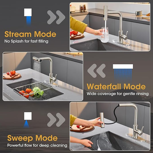 Waterfall Kitchen Faucet with Pull Down Sprayer, ARTIQUA Brushed Nickel Single Handle Kitchen Sink Faucet with Deck Plate Fits 1 or 3 Hole, for Bar RV Laundry Farmhouse Outdoor and Camper