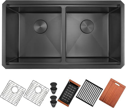 MILOSEN Black Double Bowl Kitchen Sink, 32 x18 inch 16 Gauge T304 Black Stainless Steel Undermount Workstation Sinks, 10'' Deep 50/50 Double Bowl Basin, Handmade Black Sink with Accessories