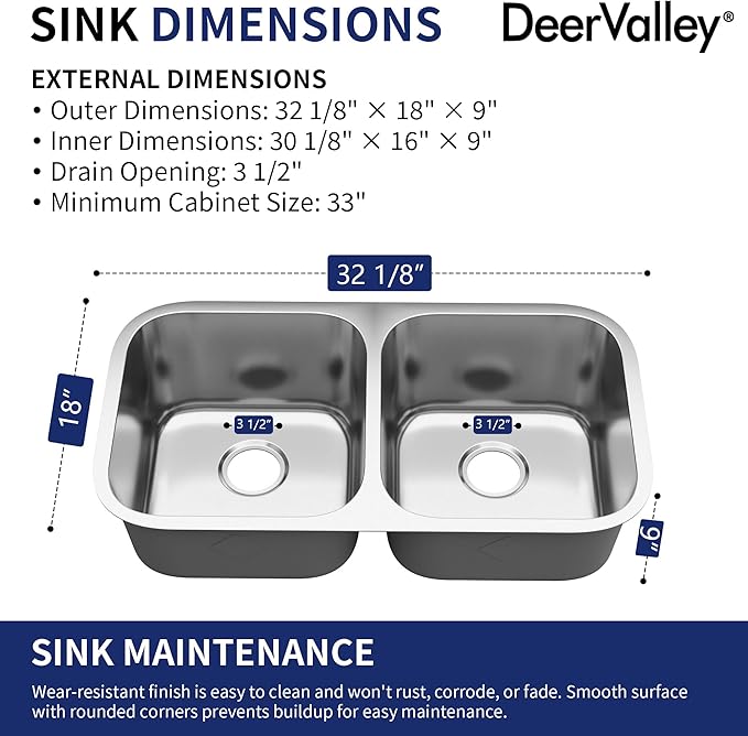 DeerValley 32 Inch Undermount Double Bowl Kitchen Sink 50/50 18 Gauge Stainless Steel Kitchen Sink Spacious Double Basin Design Sinks with Basket Strainer Undermount Sinks for Modern Kitchens