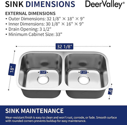 DeerValley 32 Inch Undermount Double Bowl Kitchen Sink 50/50 18 Gauge Stainless Steel Kitchen Sink Spacious Double Basin Design Sinks with Basket Strainer Undermount Sinks for Modern Kitchens