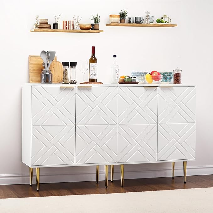 IDEALHOUSE Storage Cabinet, Modern Accent Storage with 2 Decorative Embossed Pattern Doors, Wood Buffet Cabinet with Inner Shelf, White Sideboard Cabinet for Living Room, Entryway, Kitchen, White