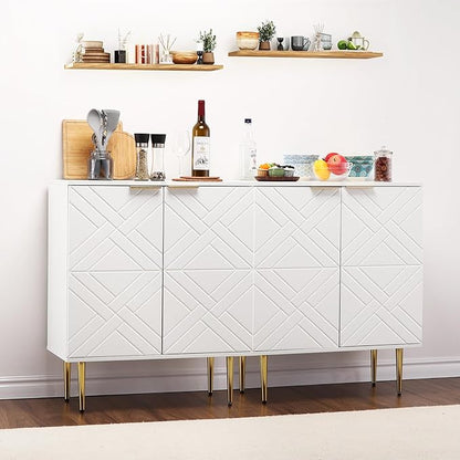 IDEALHOUSE Storage Cabinet, Modern Accent Storage with 2 Decorative Embossed Pattern Doors, Wood Buffet Cabinet with Inner Shelf, White Sideboard Cabinet for Living Room, Entryway, Kitchen, White