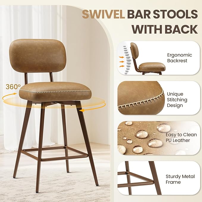 MALOL 26“ PU Leather Swivel Bar Stools Set of 6, Mid Century Counter Height Bar Chairs with Low Back and Metal Legs, Modern Bar Stool Chair for Kitchen Island, Brown