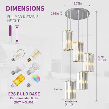 Modern Pendant Light Chrome Rectangle Pendant Lighting Mini Crystal Chandeliers Adjustable Pendant Light Fixture for Kitchen Island Dinning Room Living Room Corridor Bedroom(Chrome 5-Light)