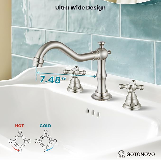 gotonovo Bathroom Faucet 3 Hole 8 Inch Widespread Bathroom Sink Faucet 2 Cross Handles Vintage Lavatory Vanity Mixer Tap with Pop Up Drain, Round Font Label, Brushed Nickel