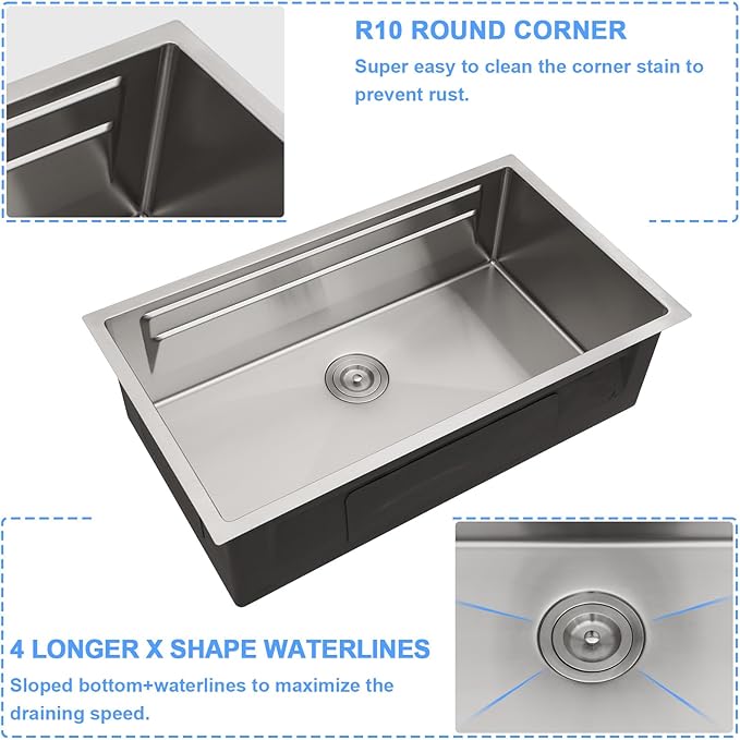 Lordear 33 Inch Undermount Kitchen Sink Stainless Steel 16 Gauge Single Bowl Workstation Large Sinks 33 x19 Inch Double Ledges Under Counter Handmade Sink