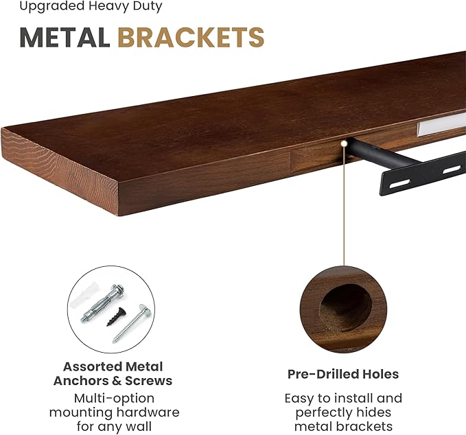 RICHFOCUS Floating Shelves for Wall 55 Inch Solid USA-Sourced Oak Wooden Shelves for Bathroom Kitchen 9" Deep Modern Wood Shelf with Heavy-Duty Bracket for Wall Mounted, Walnut Finish