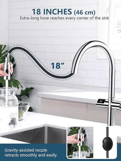 Lefton Touchless Pull-Out Kitchen Faucet, Hands Free Motion Sensor Activated, Battery-Free Temperature Display, KF2206 (Contemporary, Chrome)