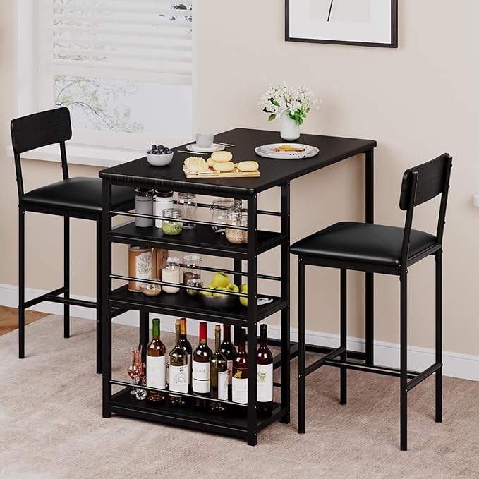 Dining Table Set for 2, 3-Piece Bar Table Set with 2 Stools, Space-Saving Counter Height Dining Set with 3-Tier Storage Shelves for Small Kitchens, Apartments, Breakfast Nooks