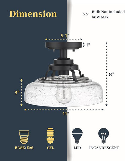 EAPUDUN Farmhouse Semi Flush Mount Ceiling Light, Black Industrial Ceiling Lighting,1-Light,Seeded Glass Shade, Ideal for Kitchen, Corridor, Bedroom, Foyer, Hallway, and Entryway,SMA1307-MBK