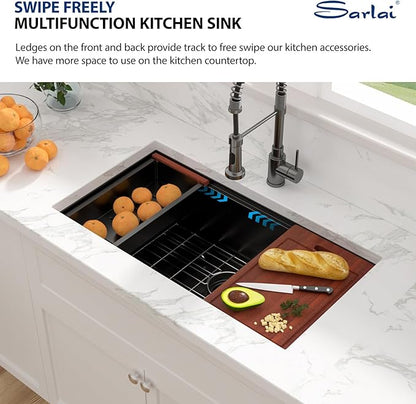 Sarlai 33 Matte Black Undermount Kitchen Sink Workstation - 33x19 Inch Kitchen Sinks with Ledge NANO-Tech Round Corner 16 Gauge Stainless Steel Single Bowl Sink Basin