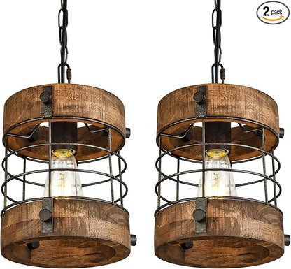 Retro Industrial Metal and Wood Farmhouse Chandeliers, 1-Light Round Cage Pendant Light Fixtures for Farmhouse Kitchen Island Foyer Hallway Bar Dining Room Restaurant, Brown, 2 Pack
