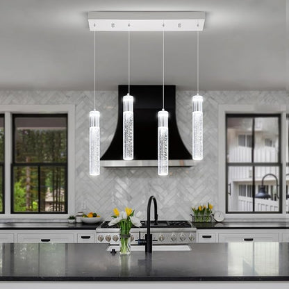 Dimmable Chrome 4-Light Pendant Lights Kitchen Island Modern LED Crystal Ceiling Light for Dinning Room Living Room 32W