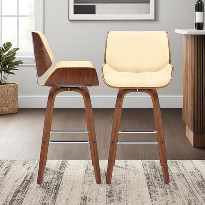 Armen Living Tyler 30" Bar Height Swivel Cream Faux Leather and Walnut Wood Bar Stool - Set of 3