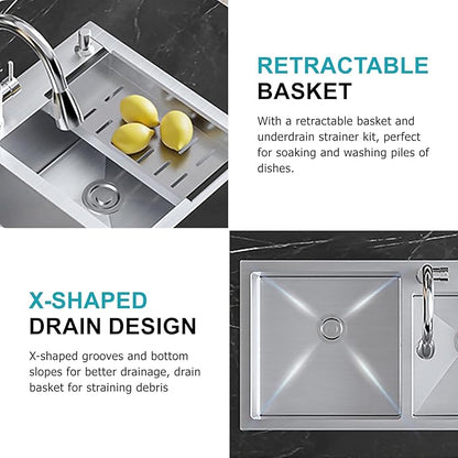 31" x 18" Silver Double Bowl Kitchen Sink, Drop-in/Topmount Overmount Kitchen Sinks with 304 Nano-Coated and Drainage Pipes & Fruit Basket