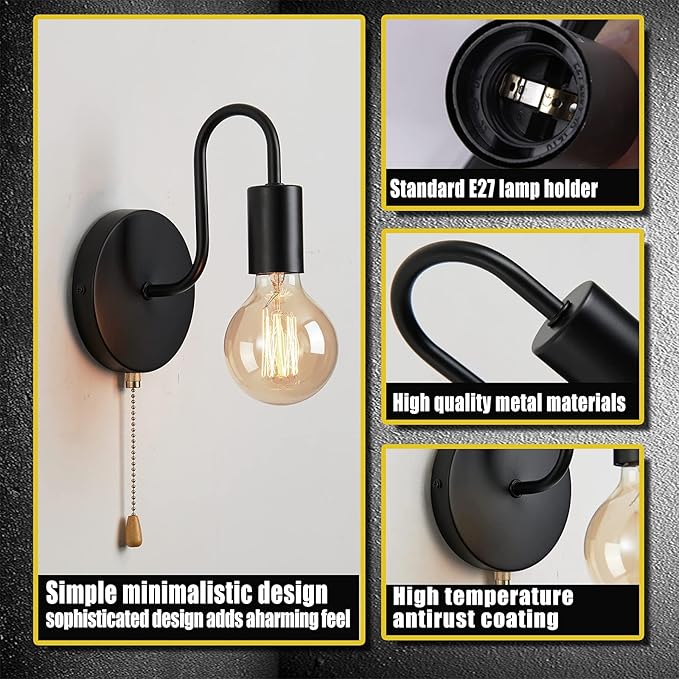 Vintage Pull Chain Wall Lights Set of Two, with Switch Black Wall Sconce E26 Industrial Wall Lamp Retro Wall Lighting Hard Wired Sconces Lighting for Mirror Bedroom Living Room Hallway