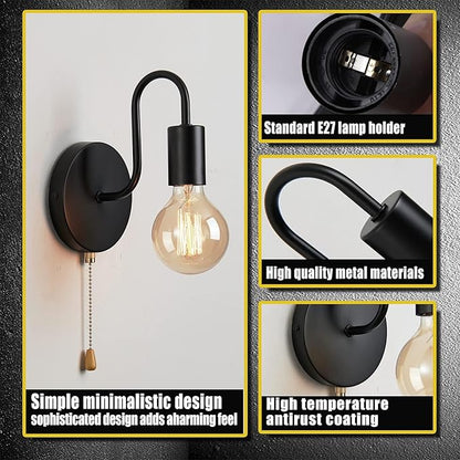 Vintage Pull Chain Wall Lights Set of Two, with Switch Black Wall Sconce E26 Industrial Wall Lamp Retro Wall Lighting Hard Wired Sconces Lighting for Mirror Bedroom Living Room Hallway