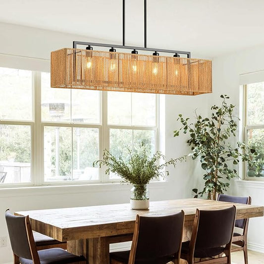 Rattan Chandelier 5-Light Linear Chandeliers for Dining Room, 40 Inch Boho Rectangle Chandelier Hand Woven Kitchen Island Lighting Wicker Chandelier for Bar Over Table