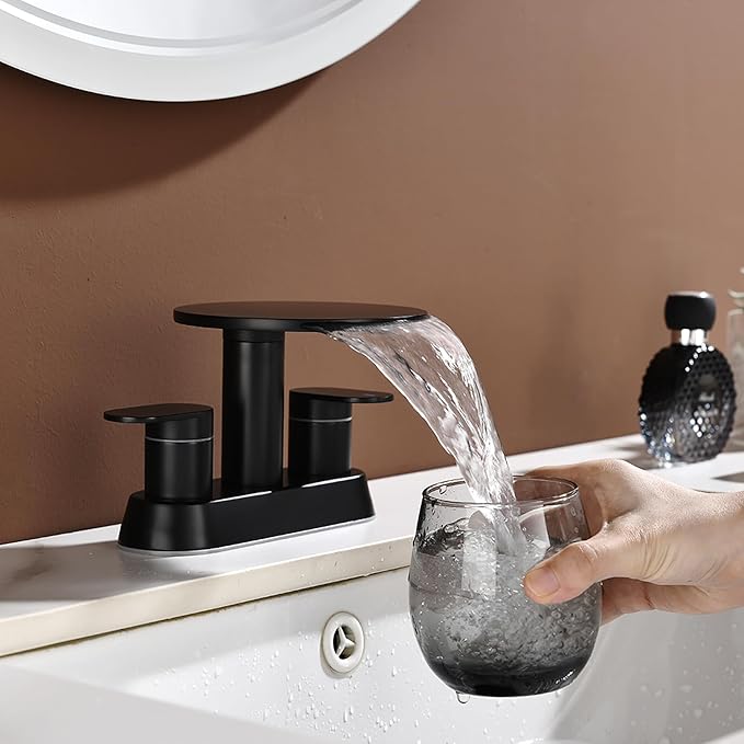 Bathroom Sink Faucet 3 Hole，Matte Black Waterfall Bathroom Faucet 4 Inch Centerset with Pop-Up Drain，2 Handles Stainless Steel faucets with Round Shelf for Vanity Sink, Rv