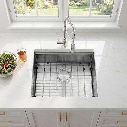 23 Inch Black Undermount Kitchen Sink,16 Gauge Stainless Steel Kitchen Sink Single Bowl, 23"x19"x9" Undermount Sink Ledge Workstation Sinks With All Accessories, Multi-Functional Sinks