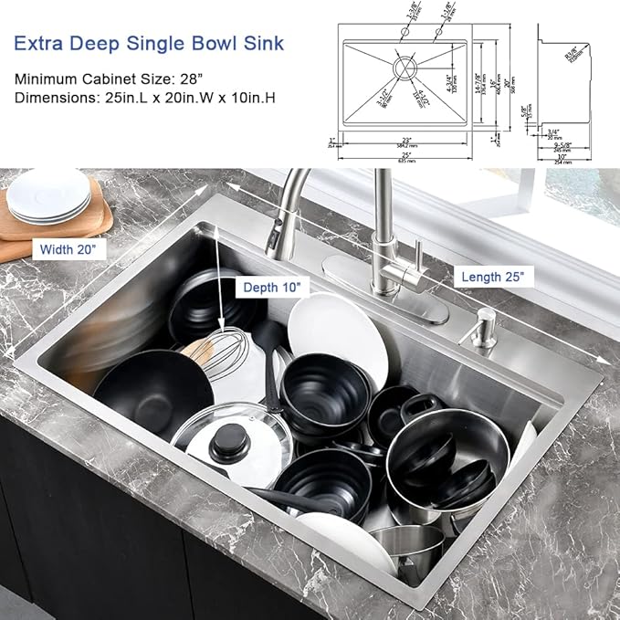 25 Inch Drop In Kitchen Sink Workstation-Hovheir 25x20 Stainless Steel Kitchen Sink Drop In Topmount Stainless Sinks 16 Gauge Deep Single Bowl Overmount Sinks with Cutting Board