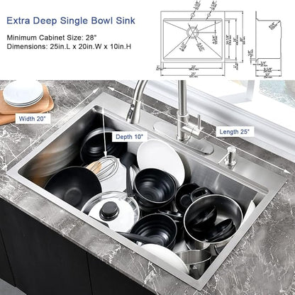 25 Inch Drop In Kitchen Sink Workstation-Hovheir 25x20 Stainless Steel Kitchen Sink Drop In Topmount Stainless Sinks 16 Gauge Deep Single Bowl Overmount Sinks with Cutting Board
