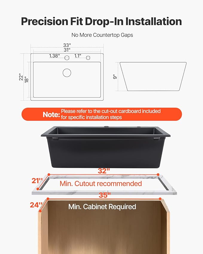 VEVOR 33 inch Kitchen Sink Workstation, Top Mount Granite Sinks, Drop-In Single Bowl Farmhouse Basin with Multiple Accessories, Household Dishwasher Sinks (22"D x 33"W x 9"H)