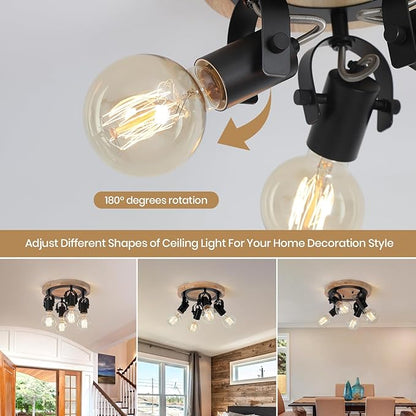 SEEBLEN 4-Light Round Flush Mount Ceiling Light，Adjustable Farmhouse Kitchen Track Light with Wood Base, Multi-Directional Dining Room Light for Island Hallway Entryway Bedroom.