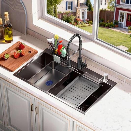 30x18 Black Drop-in Kitchen Sink: Deep Single Bowl Stainless Steel Workstation with Faucet & Accessories Combo for Family Kitchen—Scratch Resistant & Noise Reducing