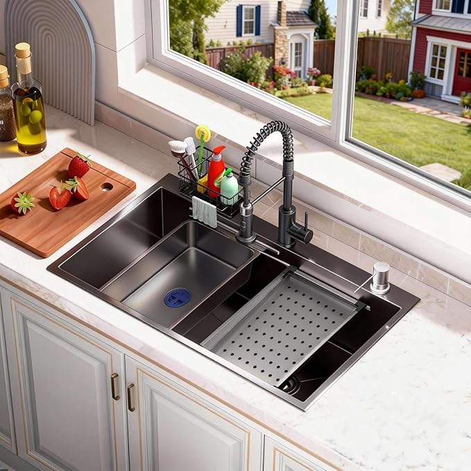 28x18 Black Drop-in Kitchen Sink: Deep Single Bowl Stainless Steel Workstation with Faucet & Accessories Combo for Family Kitchen—Scratch Resistant & Noise Reducing