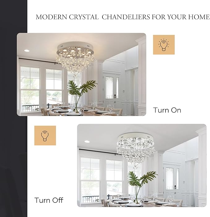 9-Lights Modern Chandelier K9 Crystal Lighting Fixture,20 Inch Round Silver Stainless Steel Flush Mount Ceiling Lights for Bedroom Foyer Hallway Dining Room,GU10 Bulbs Include