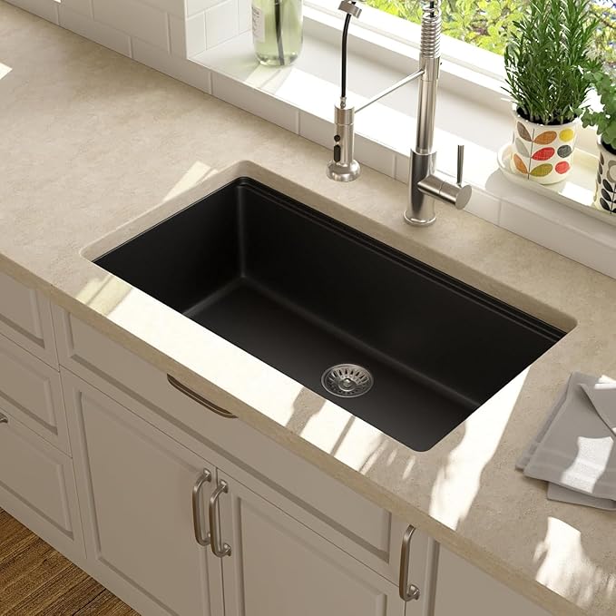 Lordear 30 Black Undermount Kitchen Sink Granite Composite 30X19 Inch Undermount Workstation Sinks Quartz Black Deep Single Bowl Sink