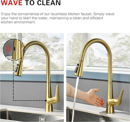 sumerain Touchless Pull Down Kitchen Faucet Brushed Gold Hands-Free Motion Sensor Kitchen Sink Faucet Single Handle