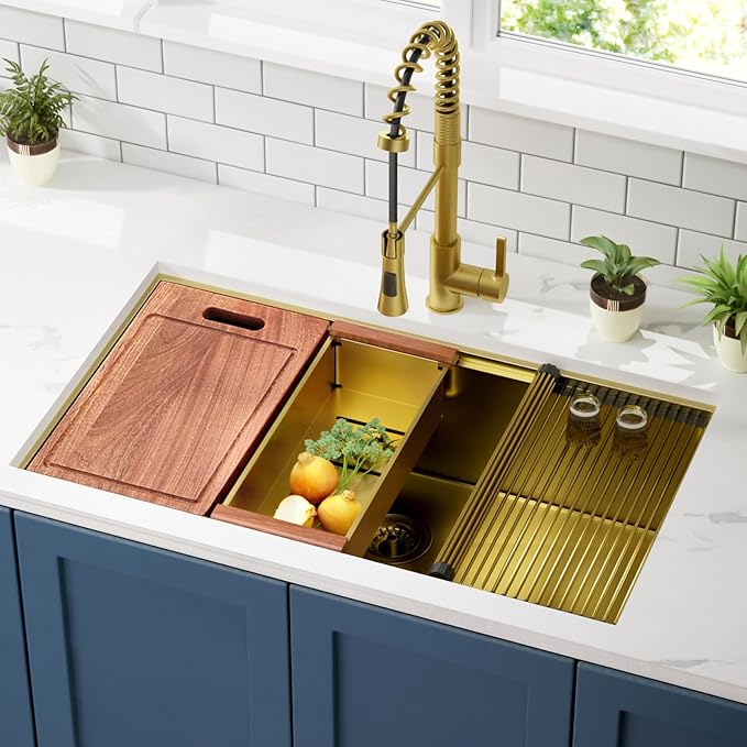 32 inch Gold Stainless Steel Undermount Kitchen Sink - CELAENO 32x19 Handmade 16 Gauge Single Bowl Workstation Sink, 10 Inch Deep Modern Kitchen Sink is Equipped with Various Accessories