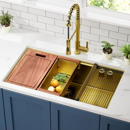 32 inch Gold Stainless Steel Undermount Kitchen Sink - CELAENO 32x19 Handmade 16 Gauge Single Bowl Workstation Sink, 10 Inch Deep Modern Kitchen Sink is Equipped with Various Accessories