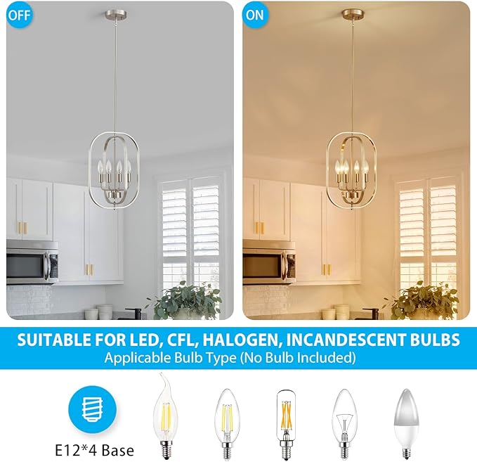 XINGQI 12.2" Modern Brushed Nickel Chandelier Farmhouse 4-Light for Dining Room Small Geometric Adjustable Rustic Pendant Lighting Fixture for Entryway Living Room Kitchen Foyer