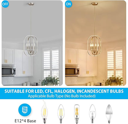 XINGQI 12.2" Modern Brushed Nickel Chandelier Farmhouse 4-Light for Dining Room Small Geometric Adjustable Rustic Pendant Lighting Fixture for Entryway Living Room Kitchen Foyer