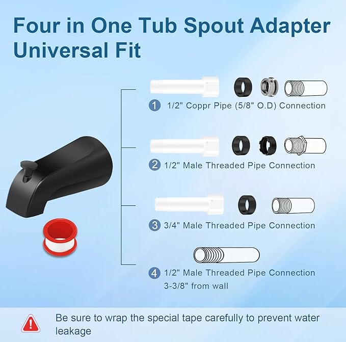 Universal Tub Spout for 1/2" Copper Pipe, 1/2" IPS and 3/4" IPS, Bathtub Faucet with Diverter and Adapter and Hex Wrench (Matte Black)
