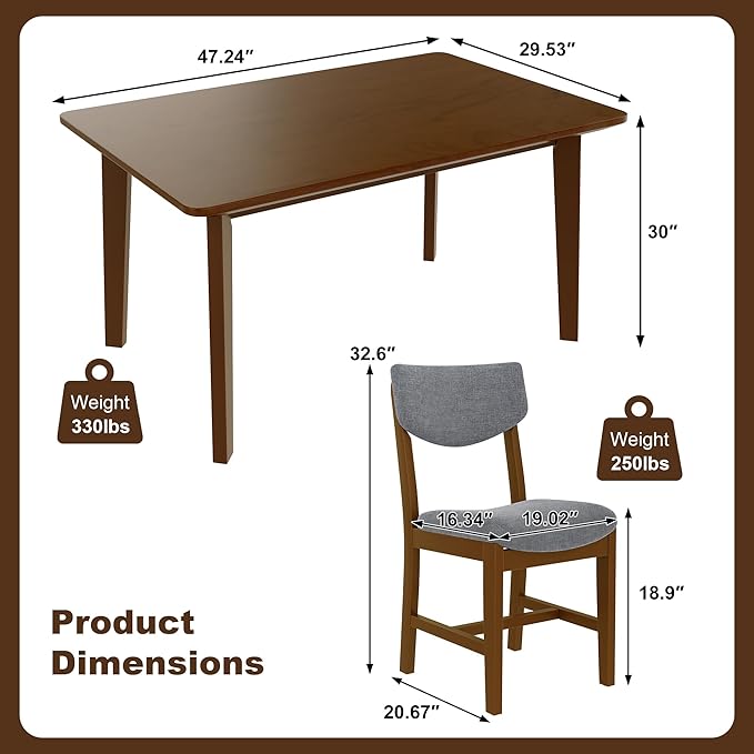 VilroCaz Rustic 5-Piece Dining Set, Solid Wood Rectangle Table with 4 Upholstered Chairs, Farmhouse-Style Dining Furniture for Kitchen & Dining Room, Minimalist Dining Set for 4 (Walnut-1.21)