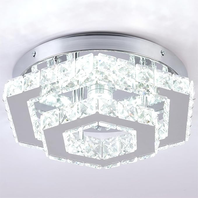CXGLEAMING Modern LED Chandelier Flush Mount Ceiling Light Fixture Crystal Chandeliers for Living Room Bedroom Dining Kitchen (6500K Cool White)