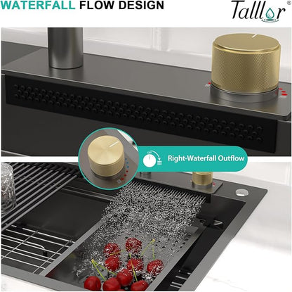 33x22 Gunmetal Black Drop In Kitchen Sink with Faucet, Waterfall Feature & Cup Washer, 16 Gauge 304 Stainless Steel, Workstation Accessories 3-Hole Sink for Residential Kitchen #TLWF-0001
