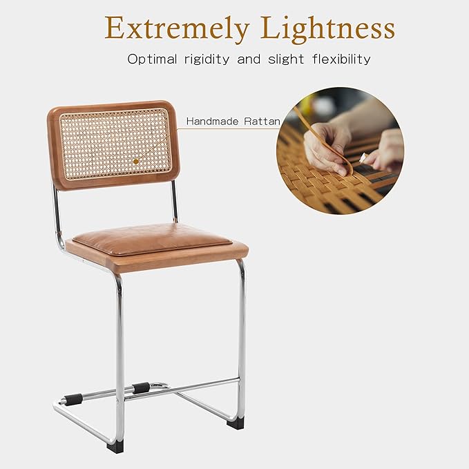 Alunaune 24inch Modern Natural Rattan Bar Stools Set of 4, Upholstered Mid Century Counter Height Bar Stools Kitchen Chairs Comfy Side Dining Chair with Metal Chrome Legs-Brown with PU Seat