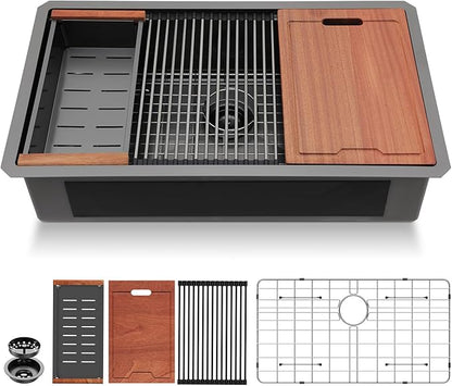 Lordear 33 Black Kitchen Sink Undermount Honeycomb Nano Finish 16 Gauge T304 Stainless Steel Single Bowl Workstation Sink with Cutting Boards Handmade