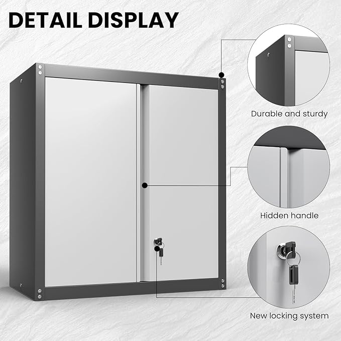 Metal Wall Mounted Garage Cabinets, Heavy Duty Steel Locking Cabinet with Doors & 2 Keys, Garage Storage Cabinet with Adjustable Floating Shelf for Shop, Utility Room, Office, Black & Grey