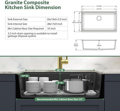 Black Granite Composite Undermount Kitchen Sink Workstation - Couoko 30 Inch Matte Black Quartz Undermount Single Bowl Kitchen Sinks Large Deep Undermount Sinks with Luxury Accessories, 30"x19"x10"